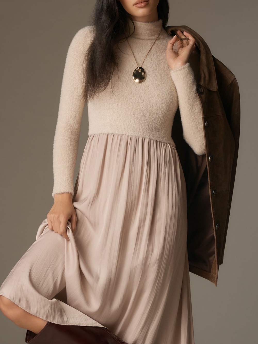 Anthropologie Thea Blush dress  Long-Sleeve Mixed-Media Midi